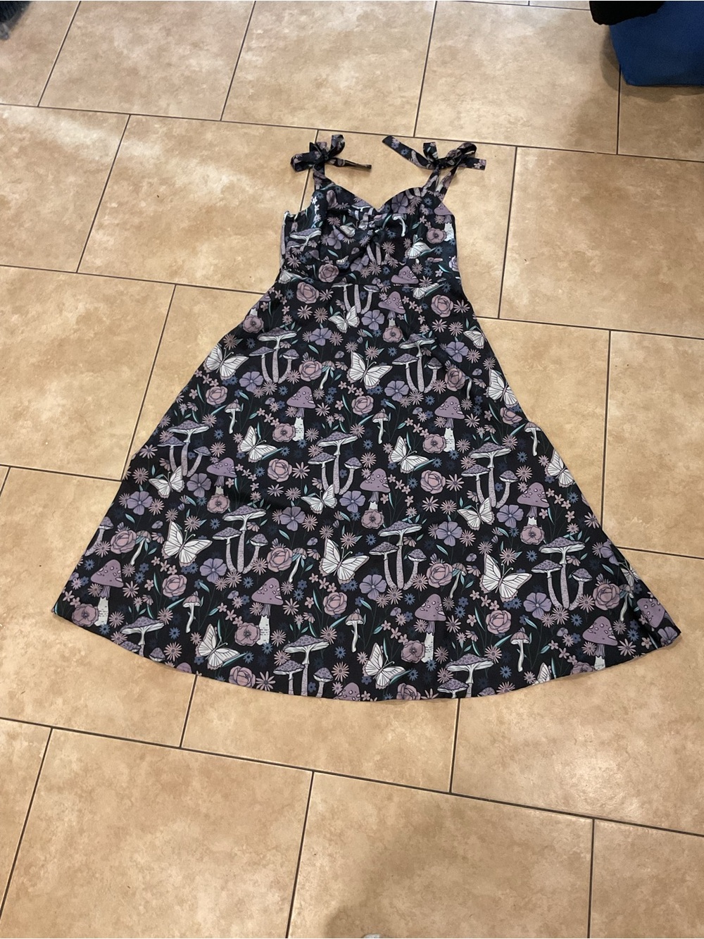 Women’s Whimsical Cottagecore Black Floral & Butterfly Tie-Shoulder Dress